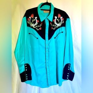 Scully Western Turquoise Horseshoe Pearl Snap Long Sleeve ButtonUp Shirt